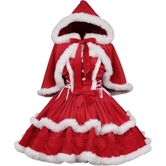 Women Red Solid Color Fashion Warm Halter Dress Suit with Cloak Christma… - Picture 1 of 7